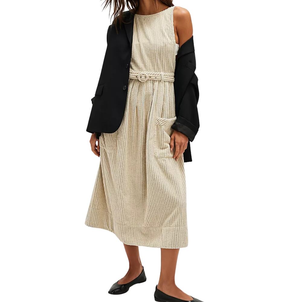 Free People The Other Side Corduroy Pinstripe Midi Dress Open Back Size 12 - Picture 2 of 10